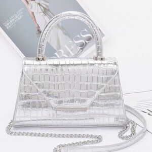 Crocodile Embossed Metallic Leather Top Handle Bag